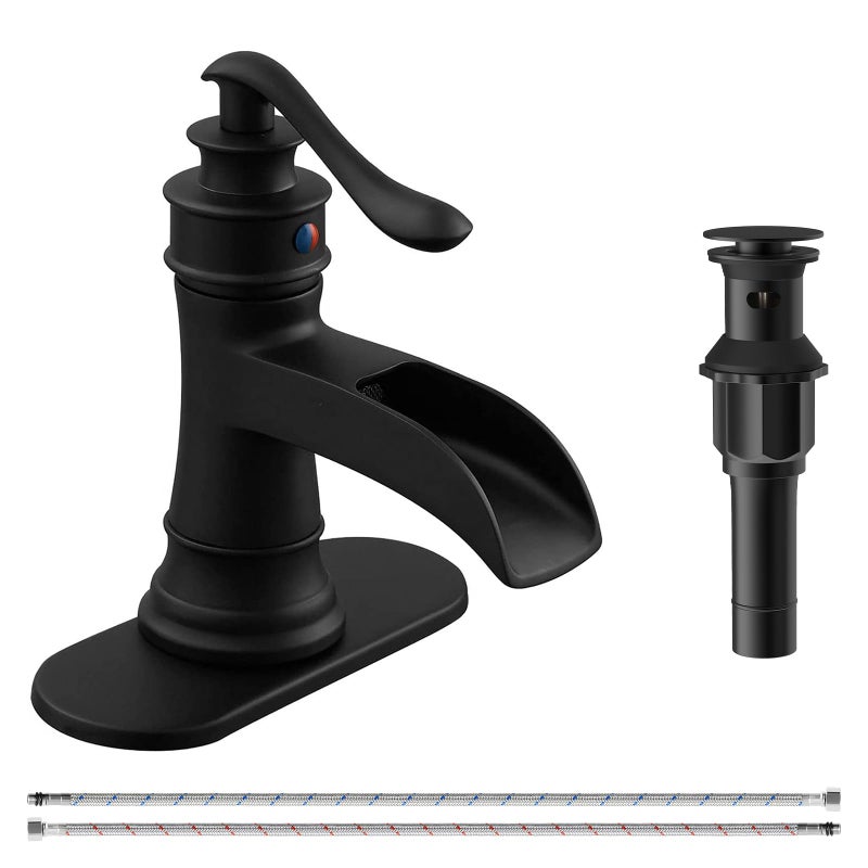 BATHFINESSE Waterfall Bathroom Sink Faucet Black Bathroom Faucet 1 Hole with Pop Up Drain Stopper Supply Hose, Matte Black - Image 1